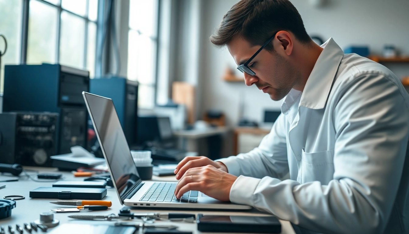 Riparazione computer settimo torinese: tecnico effettua la riparazione di un laptop in un ambiente professionale.