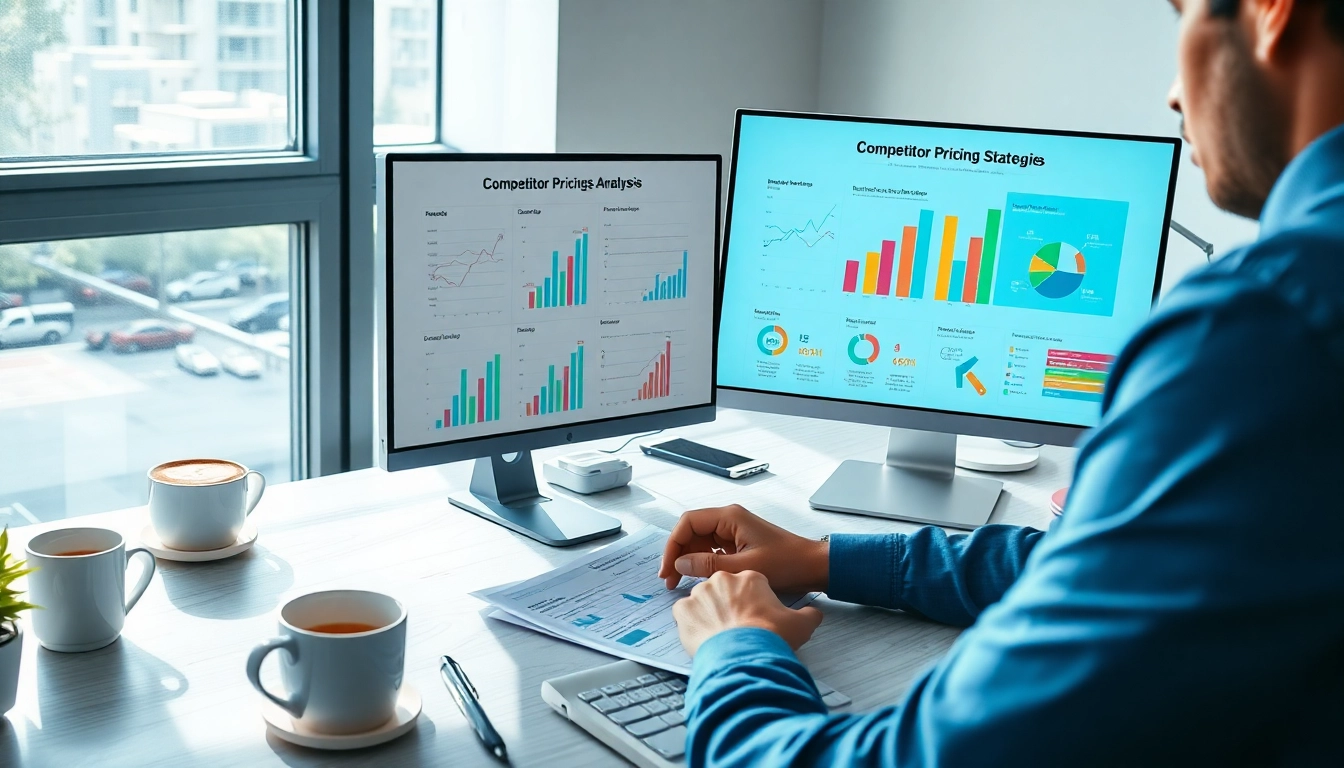 Find competitor pricing through detailed analysis at a modern workspace with charts and data.