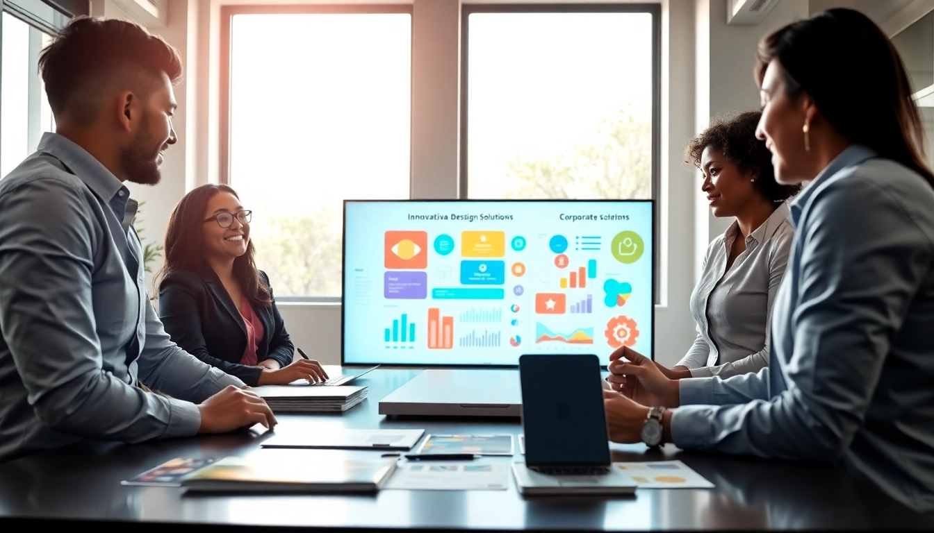 Showcase smart branding solutions through a dynamic team brainstorming in a modern office.