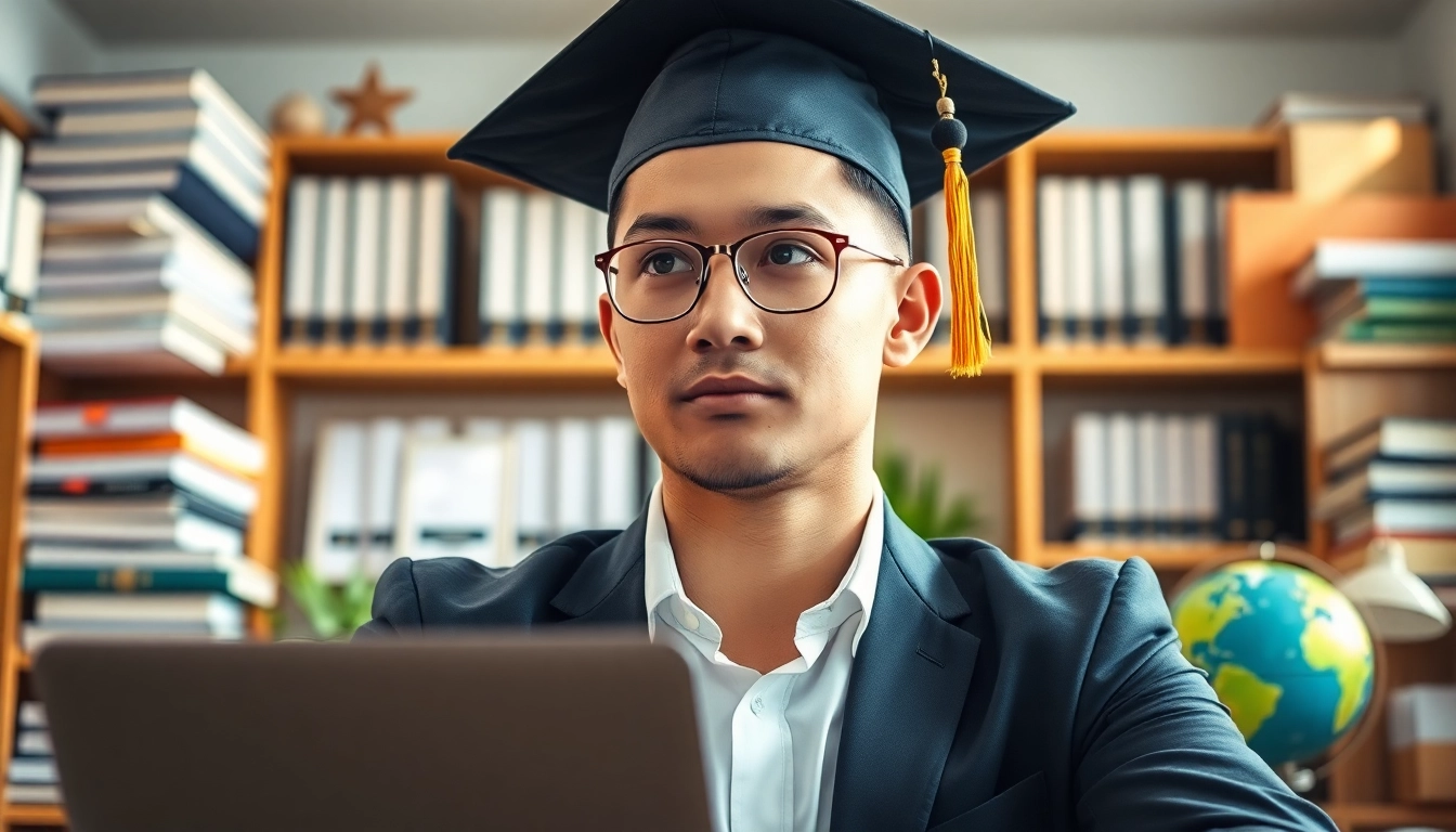 Buy master degree UK while contemplating in a professional academic office setting.