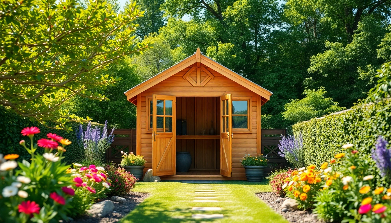 Crafting custom made storage sheds with intricate designs in a vibrant garden setting.