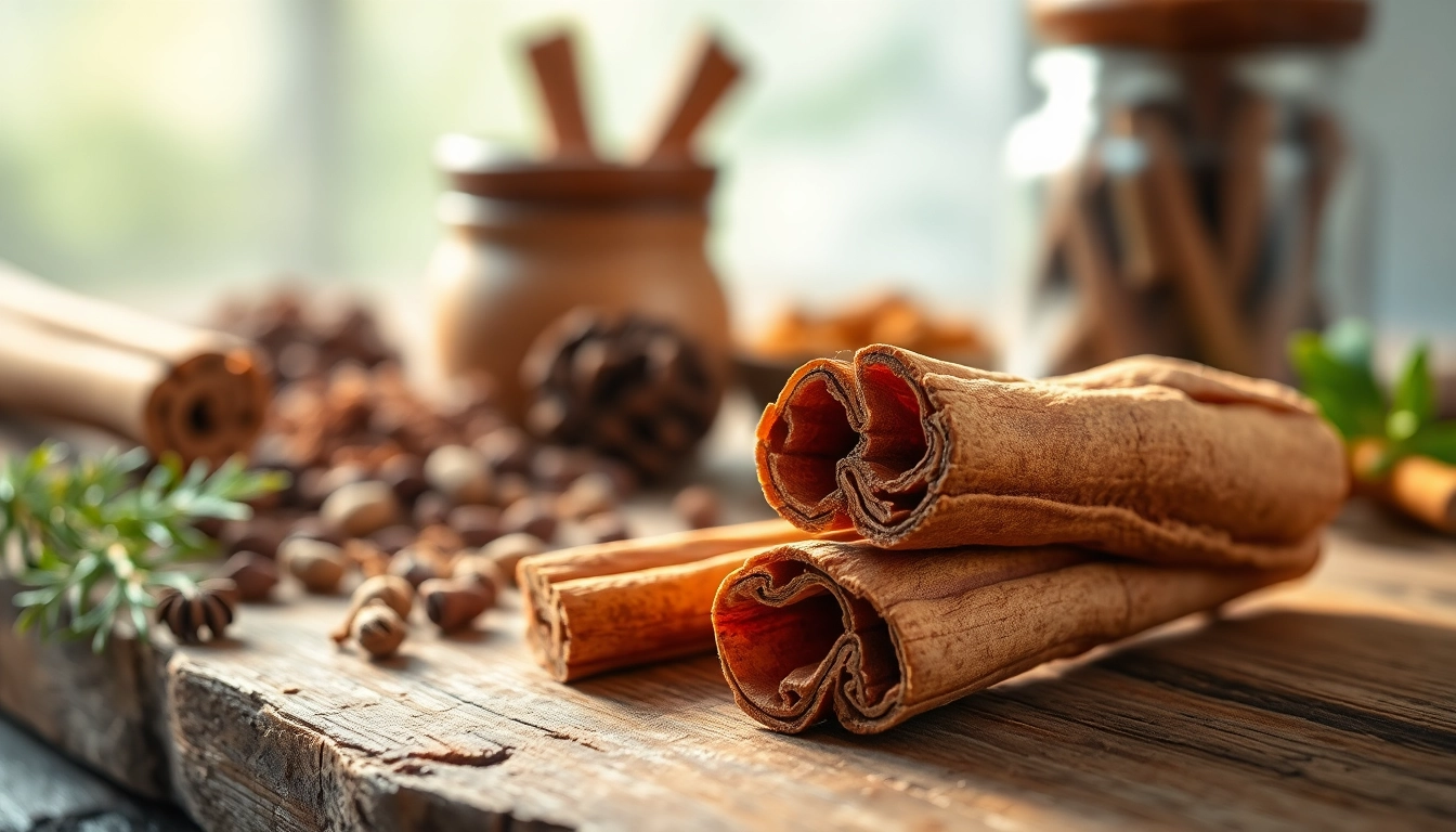 Showcasing Cinnamon Bark pieces with rich textures and warm tones on a wooden table.