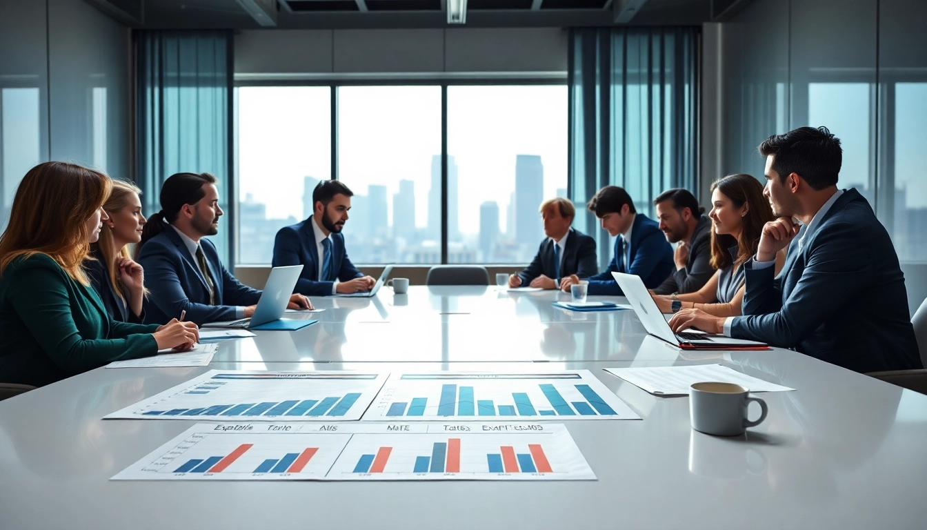 Discussing export tariffs in a business meeting with charts and diverse individuals.
