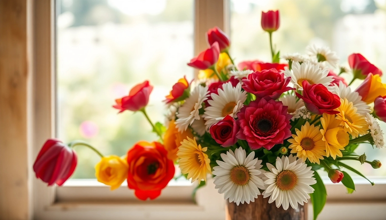 Gorgeous arrangement of Fountain Valley flowers in a rustic vase on a sunlit windowsill.