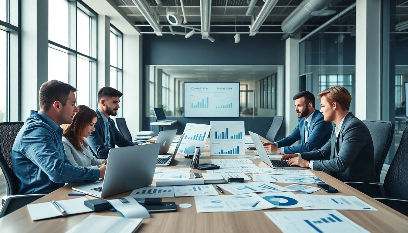 Conducting competitor pricing research with a team in a modern office setting, analyzing data.