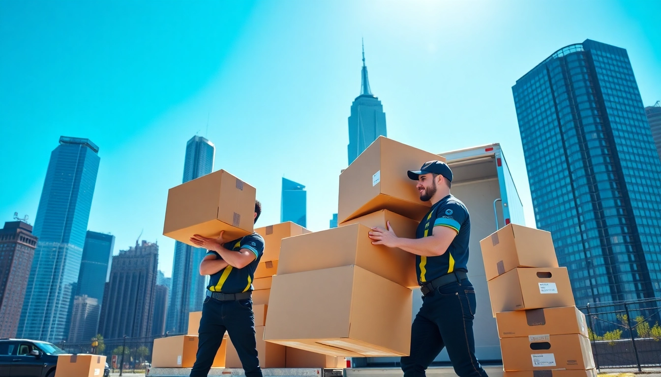 Professional team from a Manhattan moving company loading boxes into a truck with an iconic skyline backdrop.