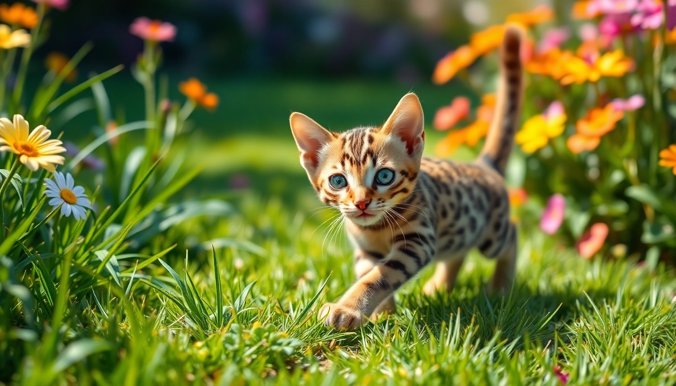 Engage with Bengal Breeders Orange County showcasing playful kittens in a garden setting.