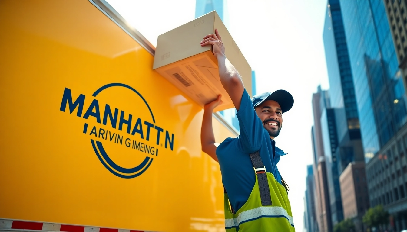 Professional movers from a Manhattan moving company lifting boxes on a sunny day in the city.