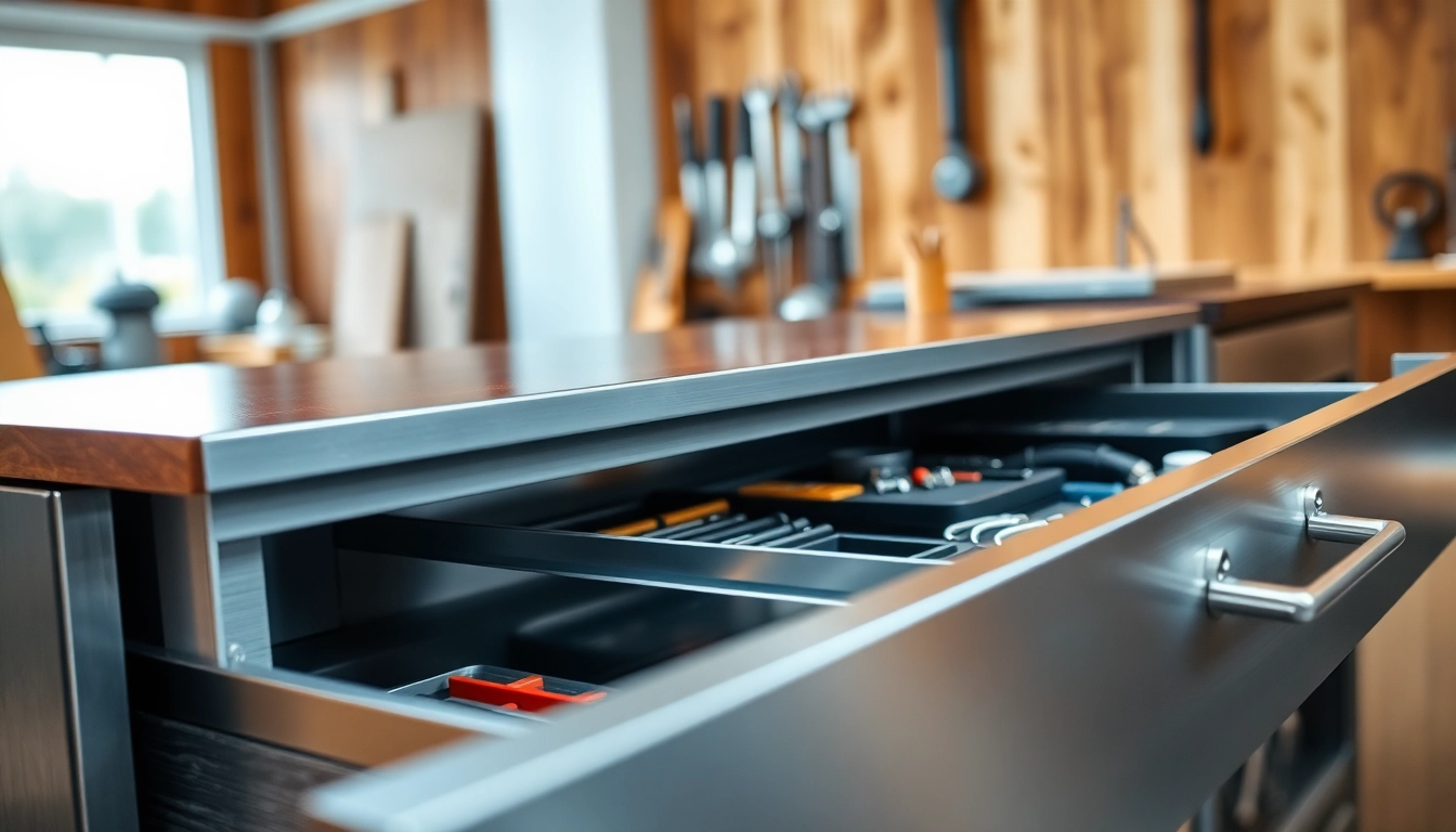 Showcase of a Metal Drawer System in a professional workshop, highlighting its sleek design and functionality.