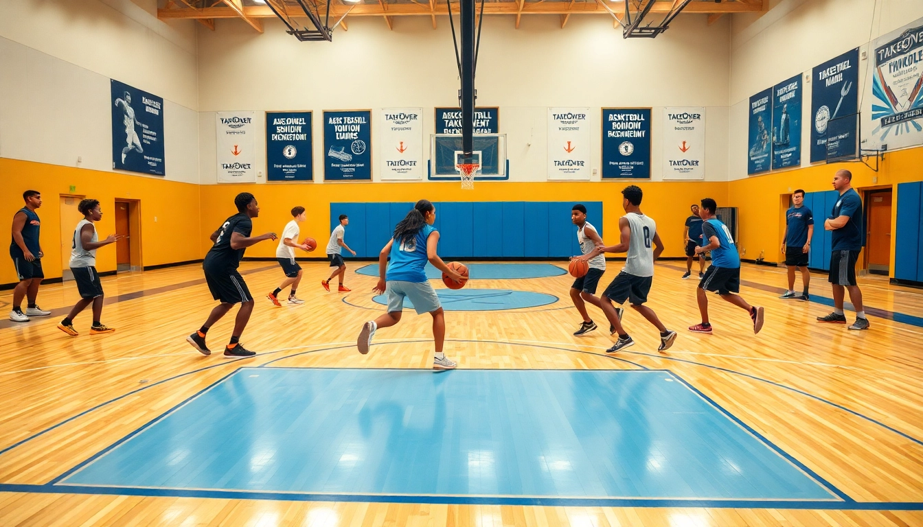 Training action at the Takeover Basketball Academy with young athletes and coaches in a vibrant gym.