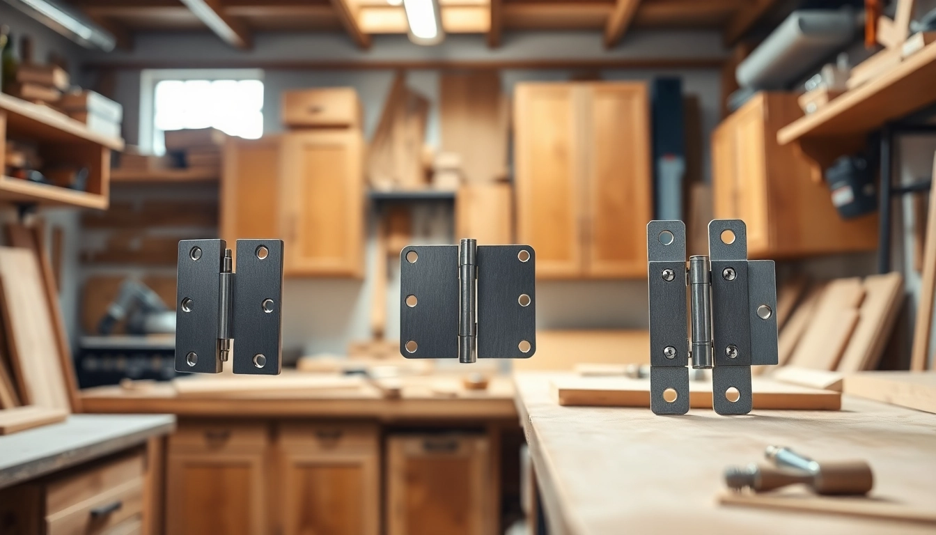 Showcase of diverse cabinet hinges from Cabinet Hinge Manufacturers in a professional workshop.