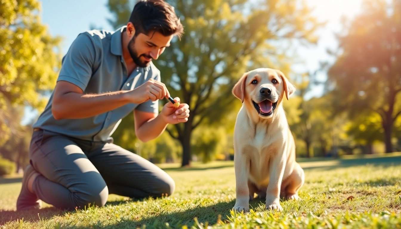 Engaging Dog Training Irvine session featuring a trainer and playful puppy outdoors.