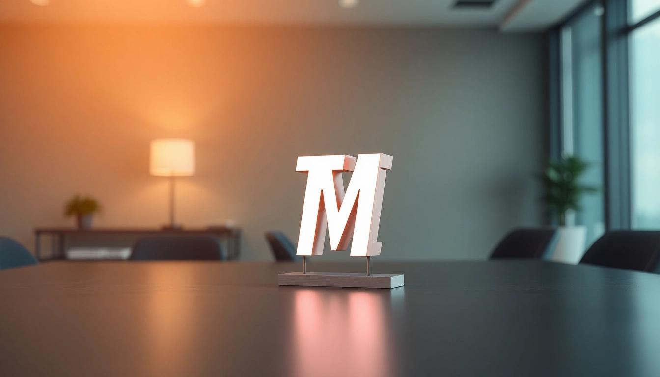 Showcase a trademark logo symbol ™ integrated into a professional business logo on an office desk.