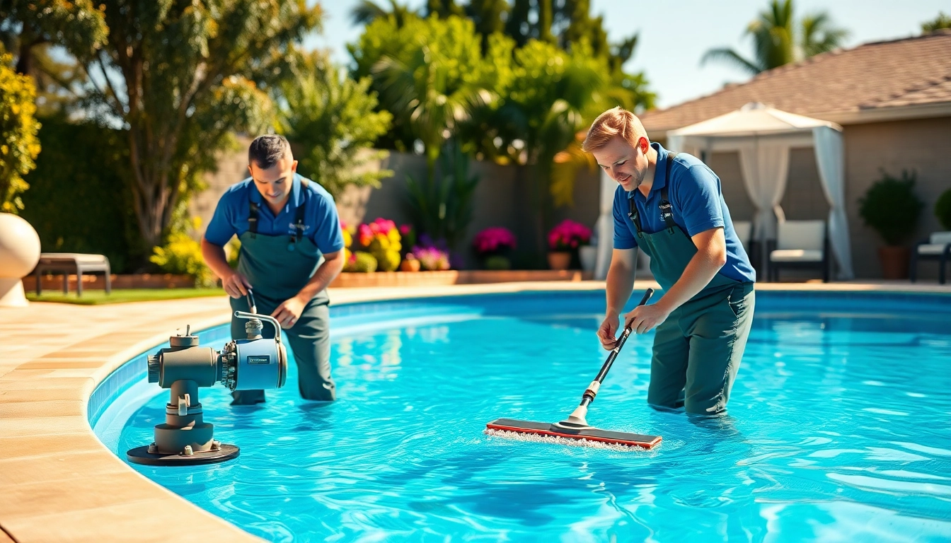 Deliver expert pool service near me, showing technicians maintaining a residential swimming pool.
