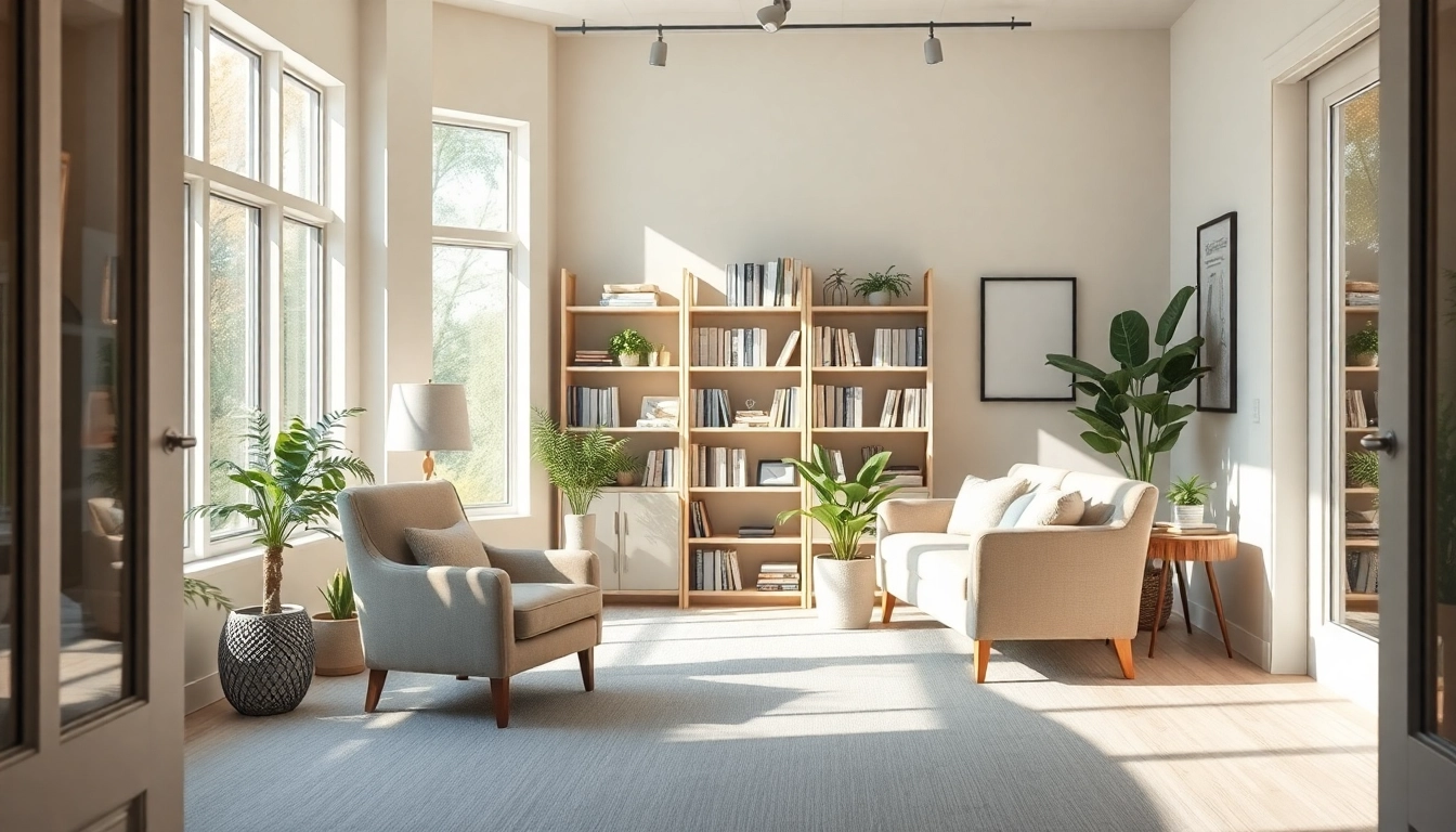Supportive environment for dealing with depression with comfortable seating and natural light.