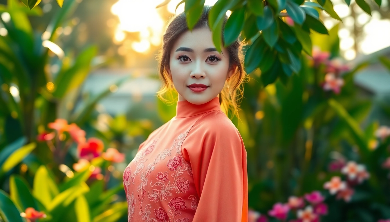 Model showcasing Vietnamese Áo Dài amidst vibrant garden, highlighting elegance and tradition.