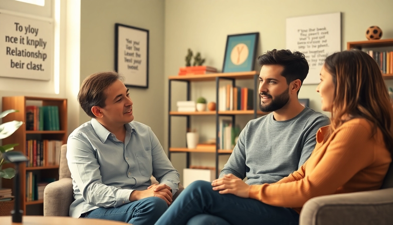 Engaging relationship coach in a warm environment guiding a couple through communication techniques.