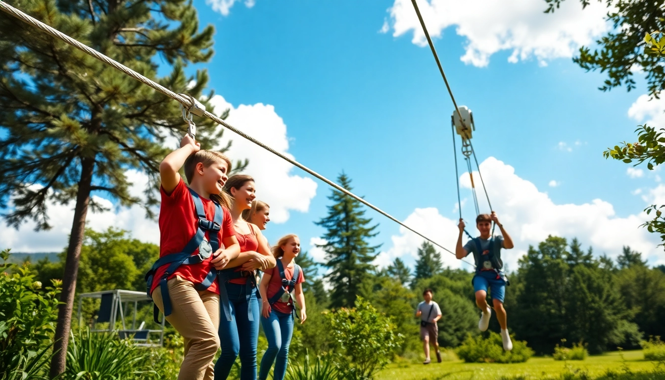 Kids enjoying a ZIP WIRE KITS setup in a sunny backyard filled with trees.
