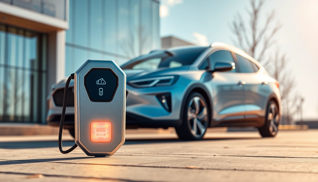 Showcase electric car keys for electric cars with a modern design against a stylish car.