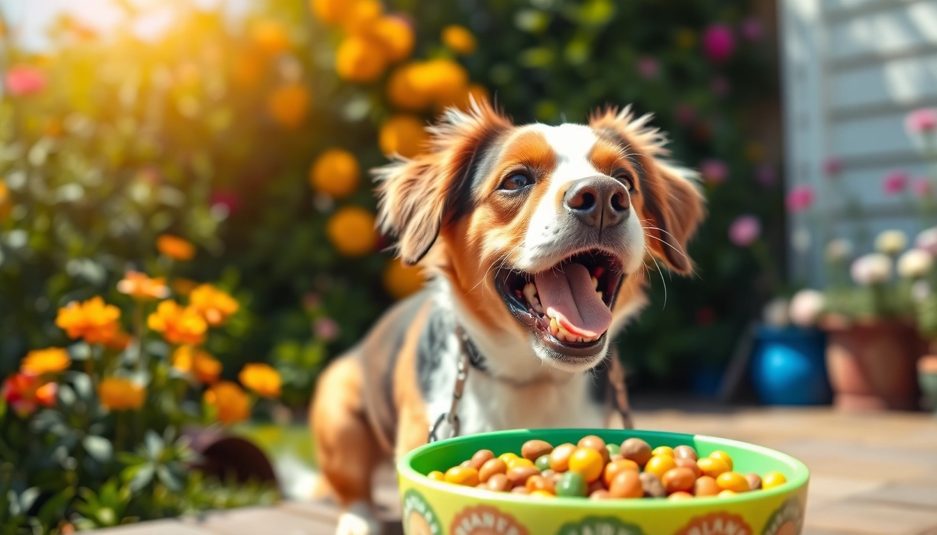 Dog delightedly eating nature's blend dog food Canada in a sunny garden.