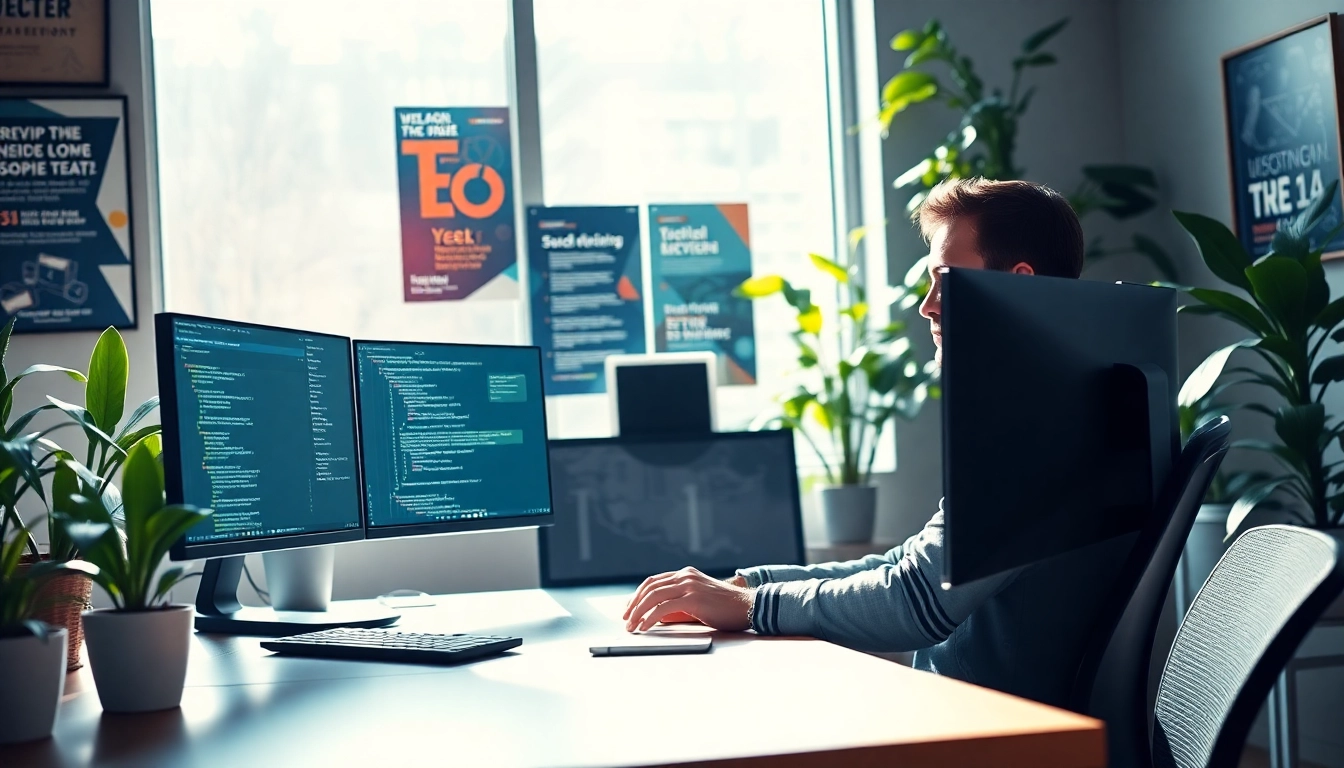 Engaged developer working on web development tasks in a modern workspace.