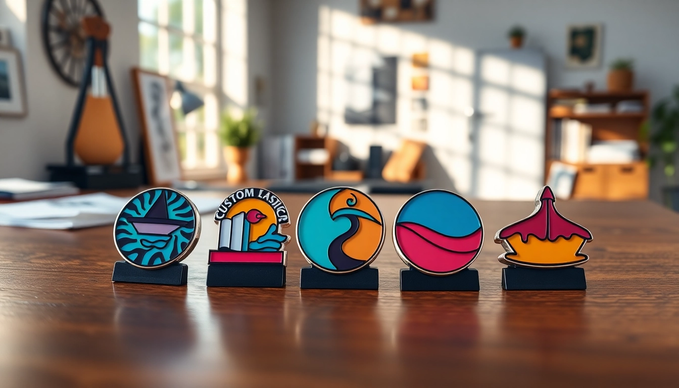 Showcasing custom acrylic pins with vibrant designs on a wooden table in a creative workspace.