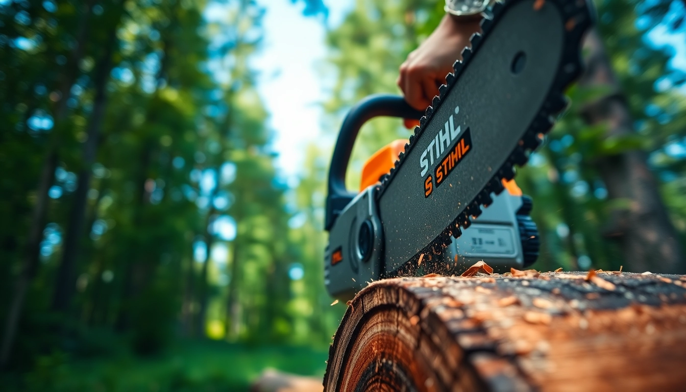 Stihl-Kettensäge schneidet durch einen Baumstamm in einem grünen Wald.