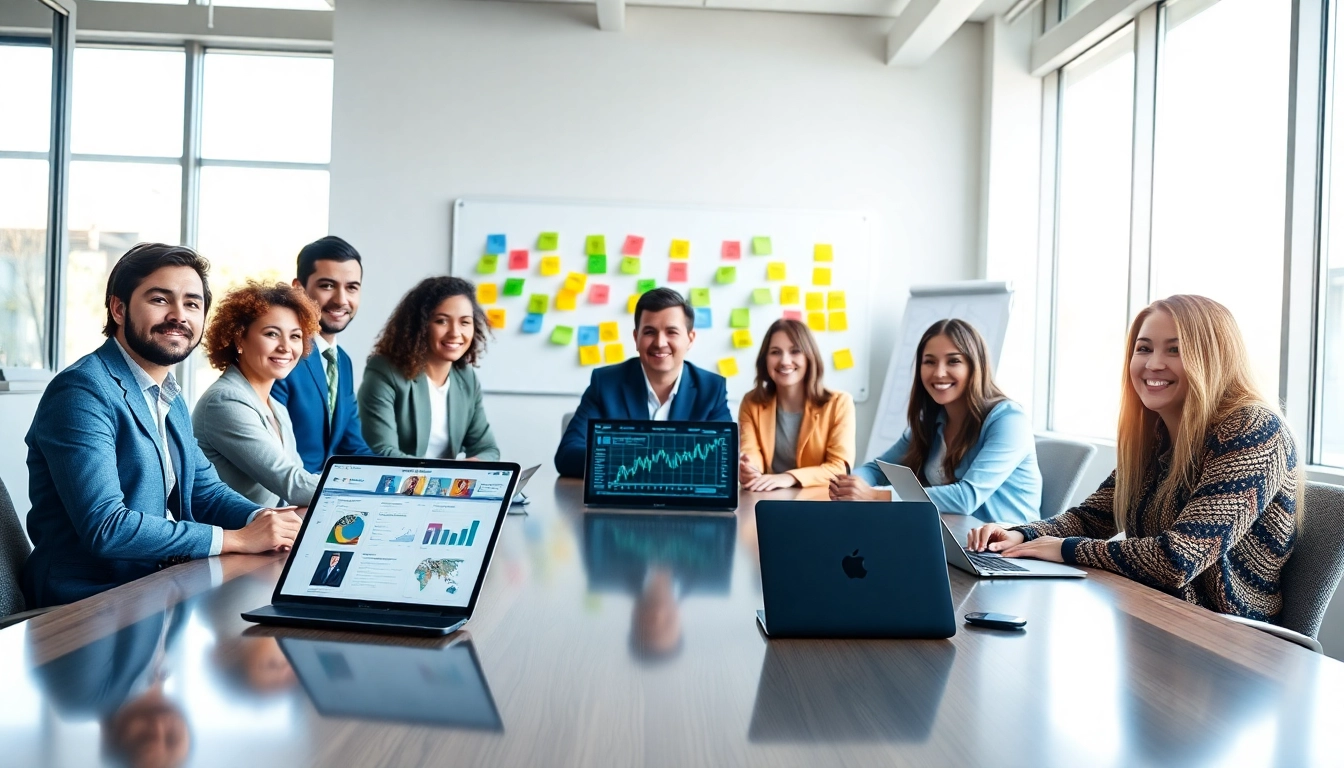 Collaborating team at a social media agency workspace illustrating digital marketing strategies.
