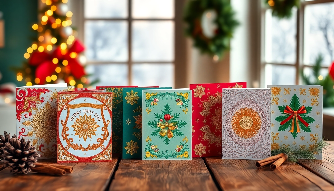 Explore festive cards London with intricate designs displayed beautifully on a rustic table.