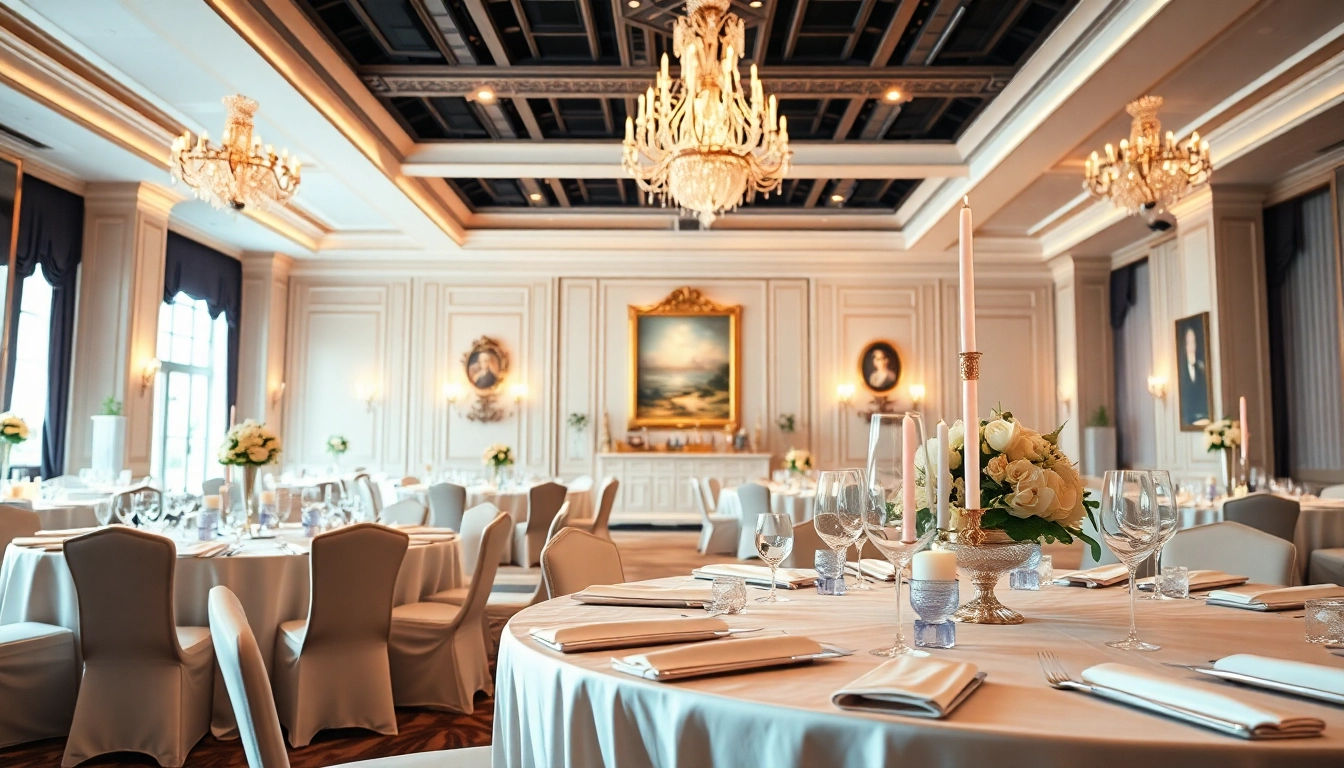 Set up for le prestige hall with elegant dining decor and ambient lighting.