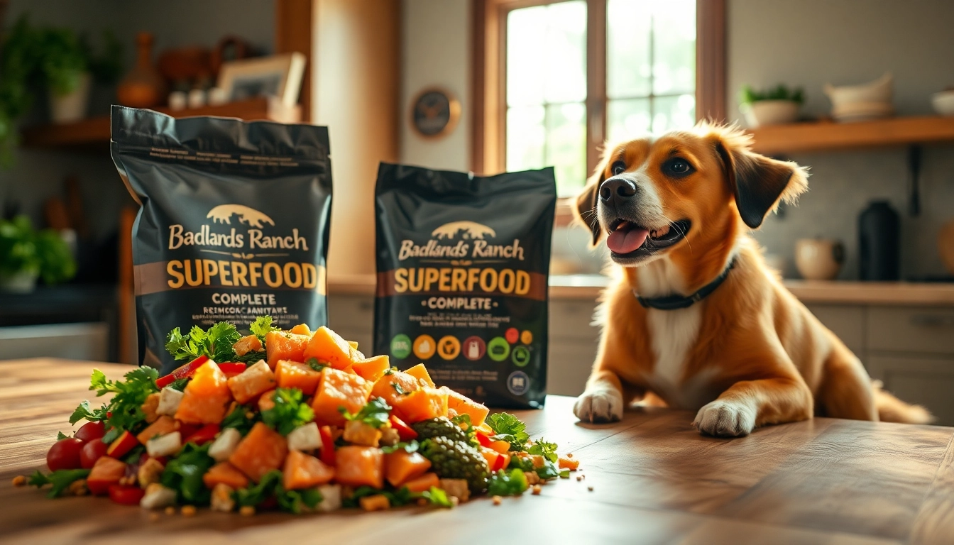 Capture of badlands ranch superfood complete surrounded by fresh ingredients and a happy dog waiting eagerly.
