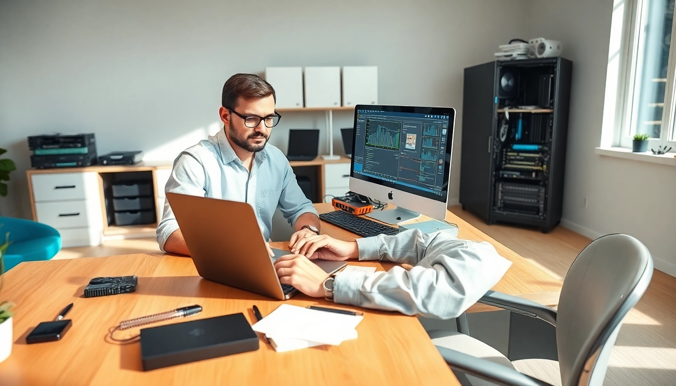 Providing efficient computer service, a technician fixes a laptop with a focused approach in a modern office.