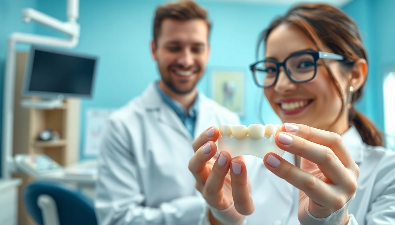 Dental crowns showcased during a dental consultation, emphasizing a professional setting.