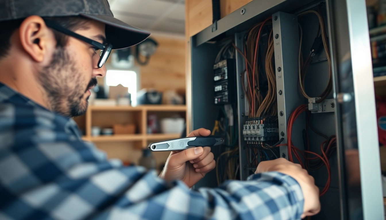 Visualize an electrical panel upgrade, highlighting a professional electrician's meticulous work on wiring connections.