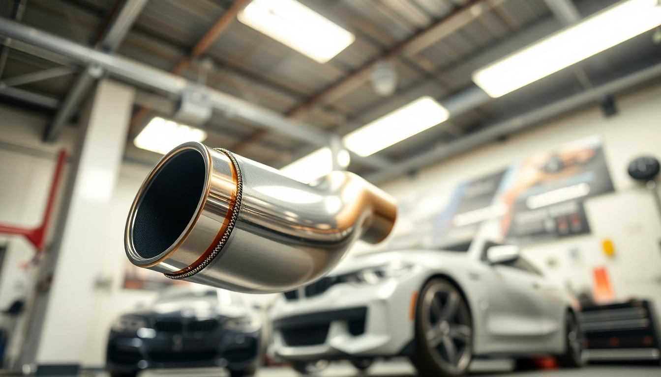 Showcasing f80 catless downpipes in a bright automotive workshop, emphasizing performance and quality.