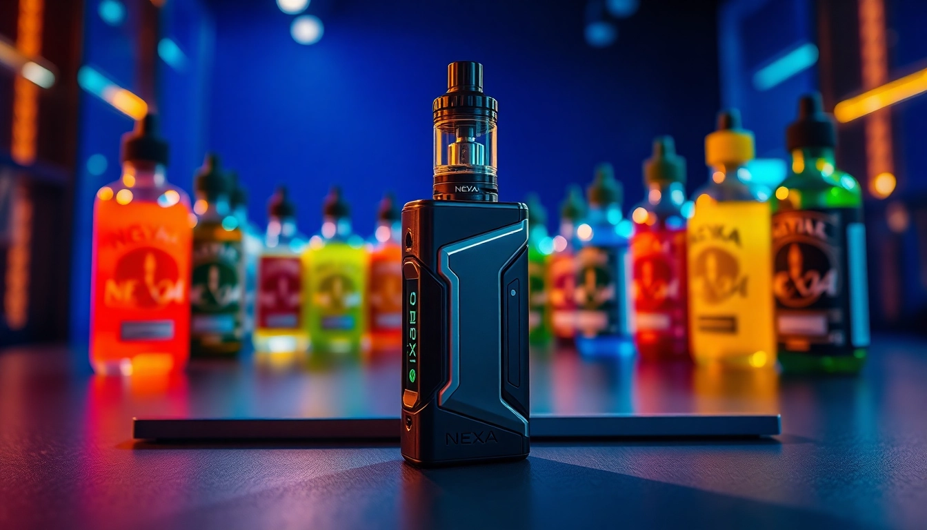 NEXA Ultra 50000 Puffs displayed with vibrant e-liquid bottles, showcasing its sleek design.
