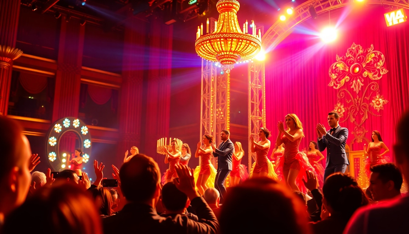 Crowd enjoying a lively matinee Vegas performance with vibrant lighting and colorful costumes.