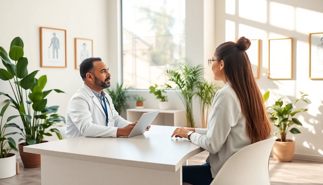 Engaging boutique doctor consulting with a patient in a welcoming healthcare environment.