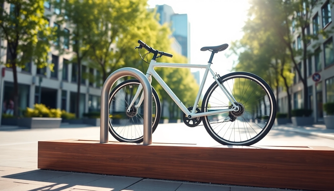 This minimalist bike rack supports a modern bike, highlighting its clean design and efficient urban integration.