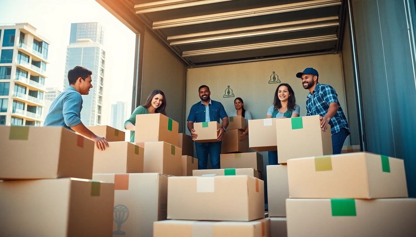 Hire cheap movers efficiently loading boxes with care and teamwork in a bright urban setting.
