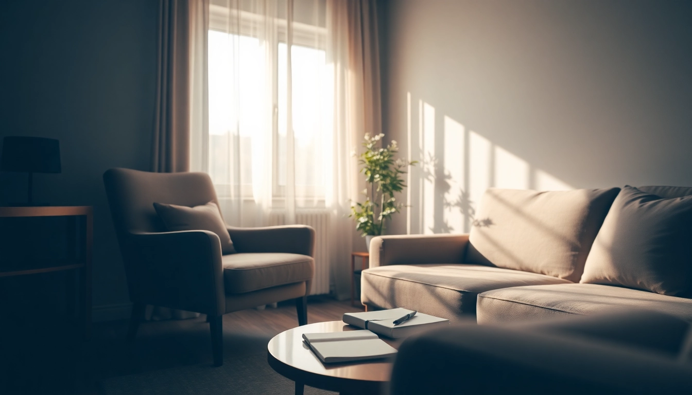 Healing trauma in a calm therapist's office, featuring inviting furniture and serene decor.