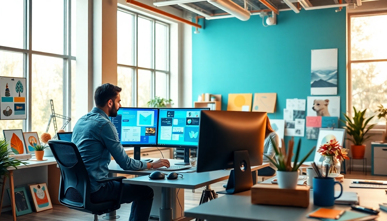 Graphic designer collaborating in a Calgary graphic design company with vibrant creative tools.