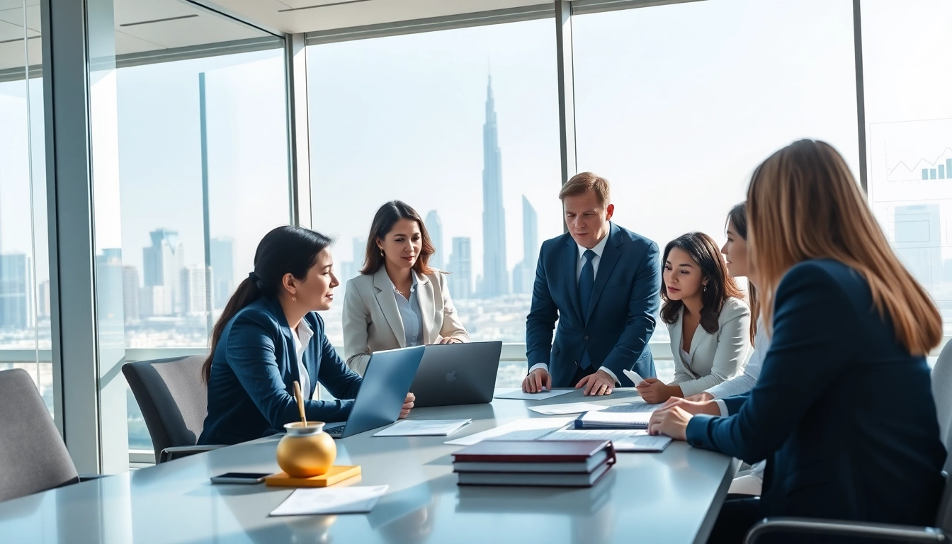 Quickplus Business Consultants team strategizing in a modern Dubai office with a skyline view.