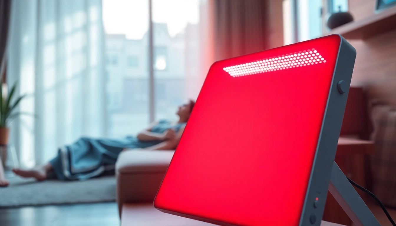 Treat red light therapy at homeull body with a sleek device in a calming indoor environment.