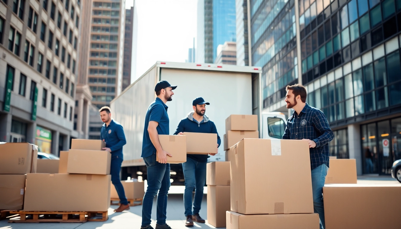 Movers calgary loading a truck with boxes in a professional urban setting.