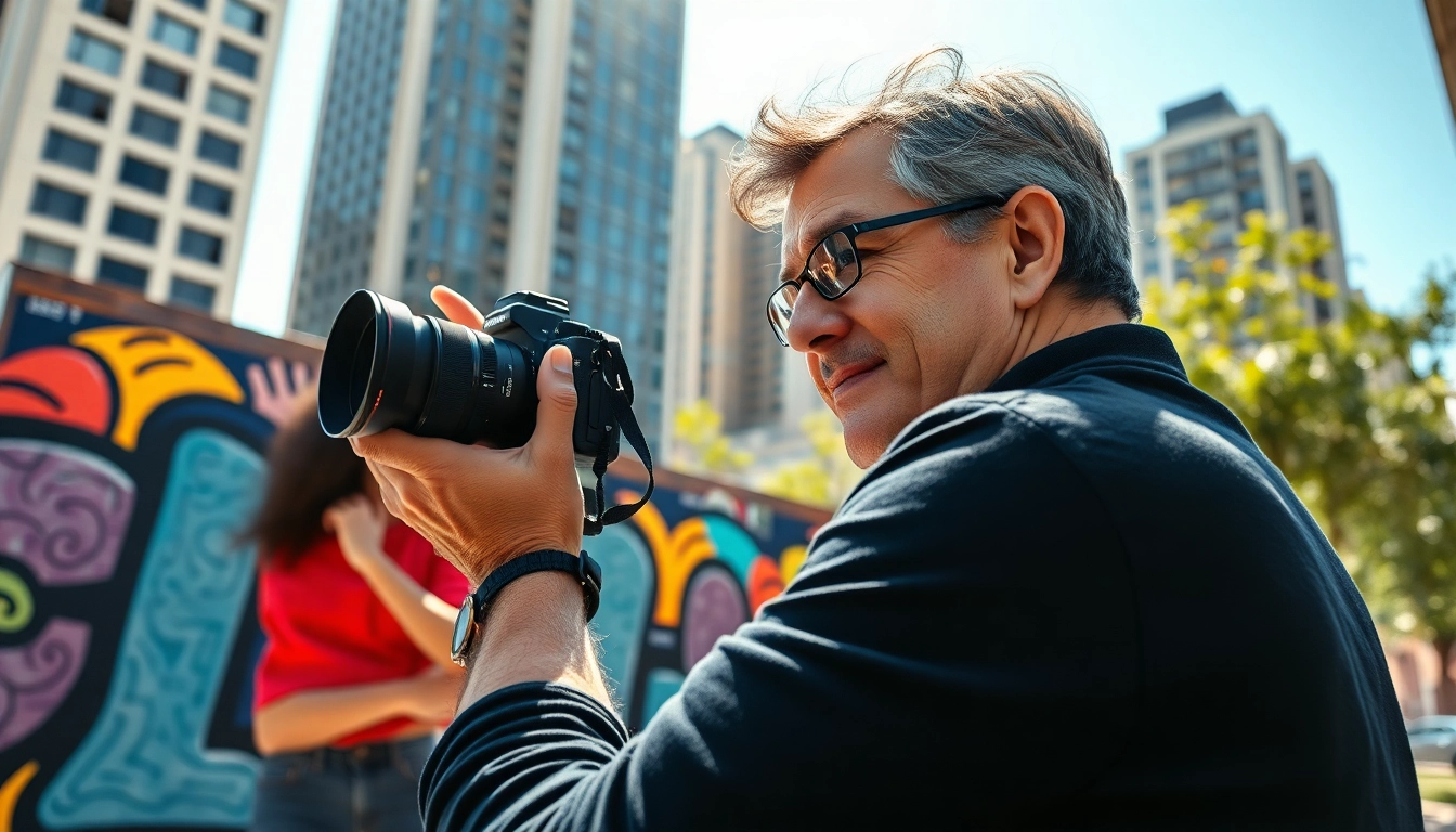 Professional Photographer capturing vibrant urban scenes in a lively photoshoot setting.