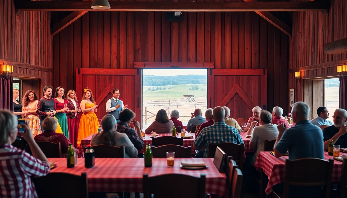 Experience the joy of a barn dinner theater performance with lively actors and rustic settings.