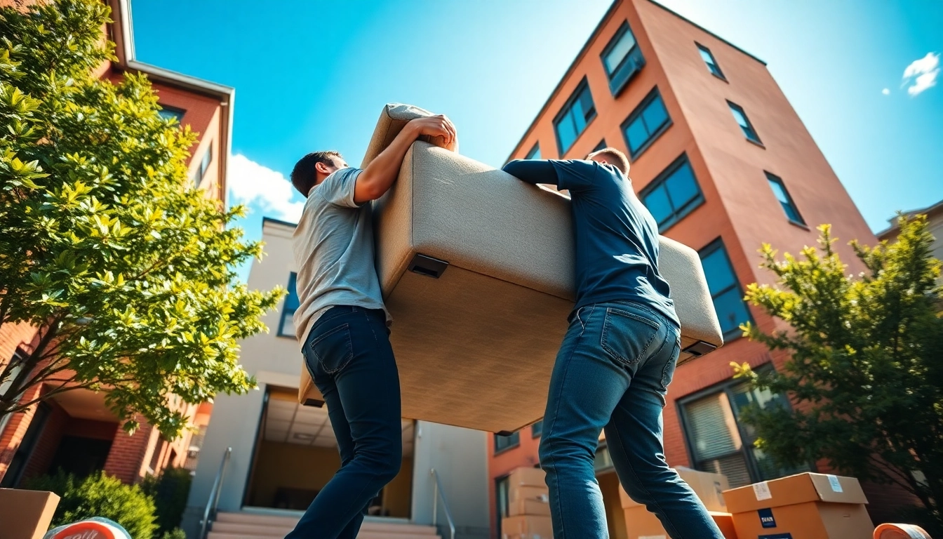 Queens movers expertly handling a large sofa during a residential relocation in Queens.