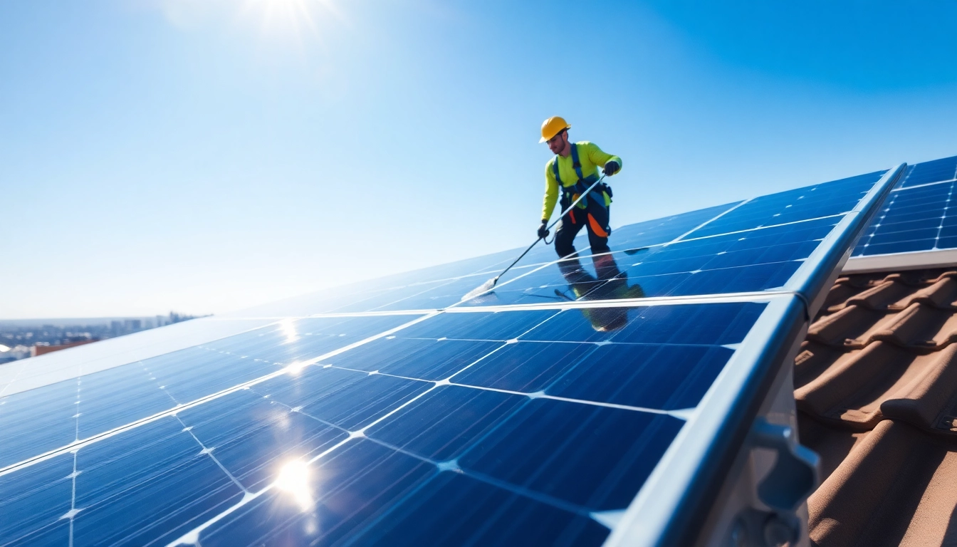 Affordable solar panel cleaning Phoenix with a technician cleaning solar panels on a rooftop.